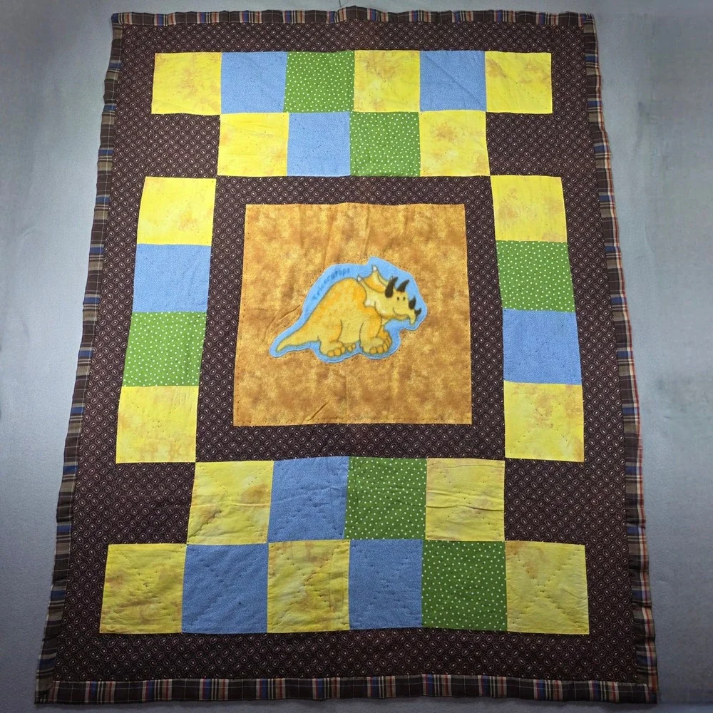 Handmade Triceratops Dinosaur Patchwork Quilt Brown Blue Yellow Plaid 40x50